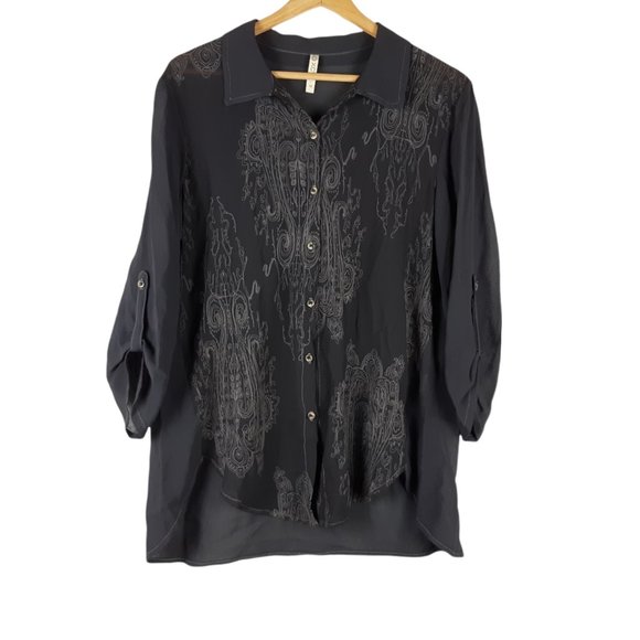 XCVI Button Up Stitch Blouse Embroider Gray Size Medium - Picture 2 of 7